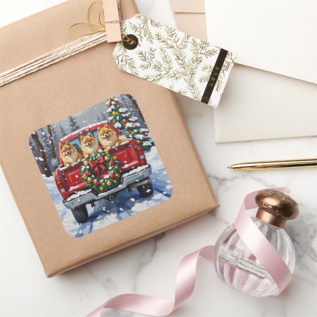 Adesivo Quadrado Pomeranian Christmas Red Truck Holiday Gift (Presentear)