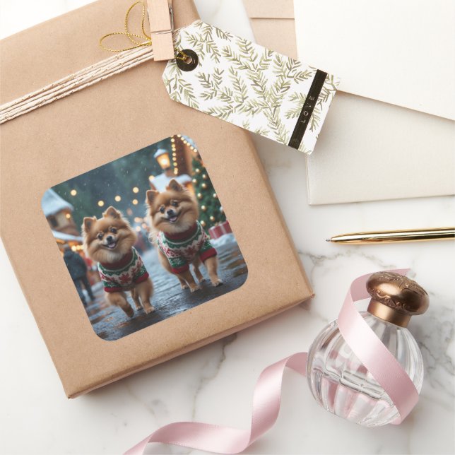 Adesivo Quadrado Pomeranian Dogs Christmas Snow Holiday  (Presentear)