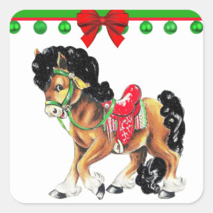 Adesivo Quadrado Pônea de Cavalo do Natal Ocidental com sela