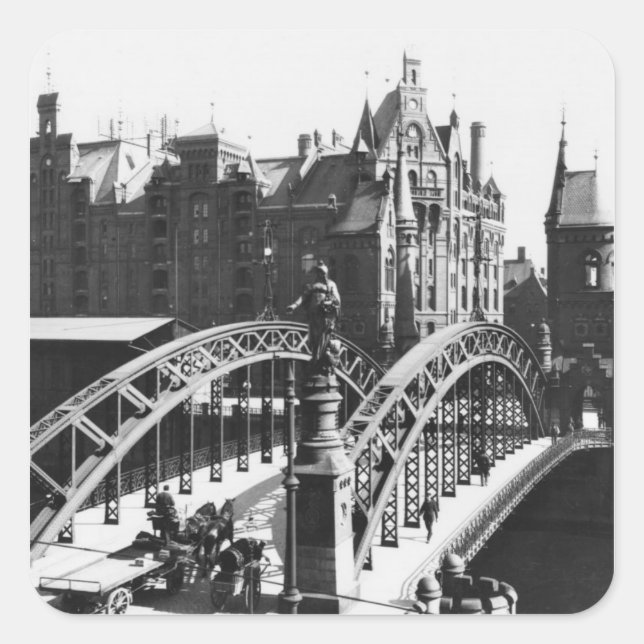 Adesivo Quadrado Ponte de Speicherstadt Hamburg, c.1910 (Frente)