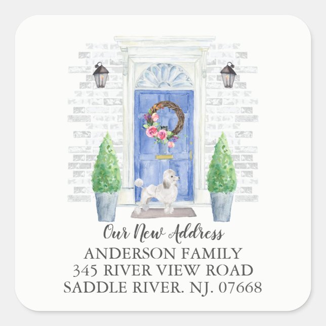 Adesivo Quadrado Poodle Blue Door New Address Label Sticker (Frente)
