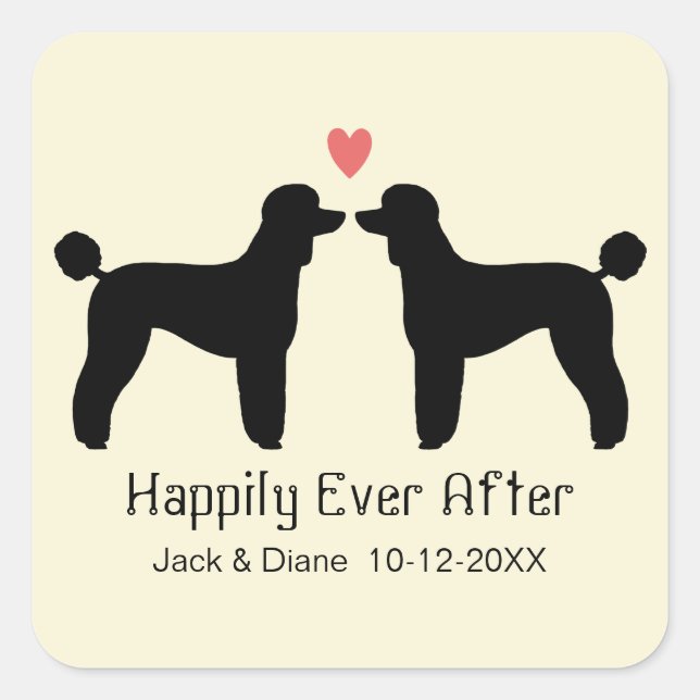 Adesivo Quadrado Poodles Pretos Padrão com Coração e Texto (Frente)