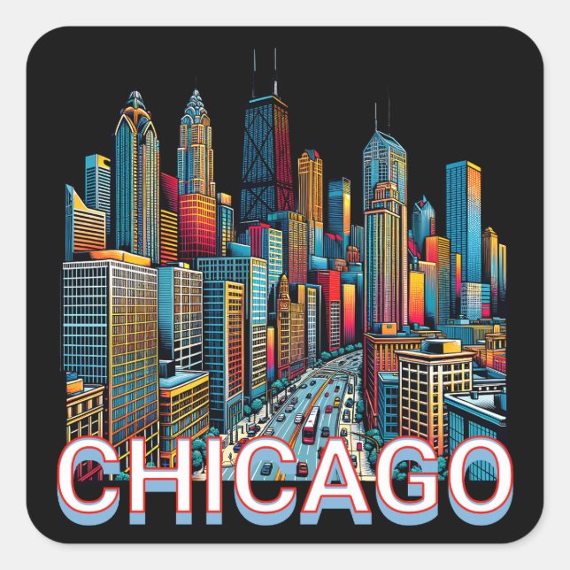 Adesivo Quadrado Pop-art Comic Book Art Chicago Illinois Skyline (Frente)