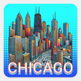 Adesivo Quadrado Pop-art Comic Book Art Chicago Illinois Skyline