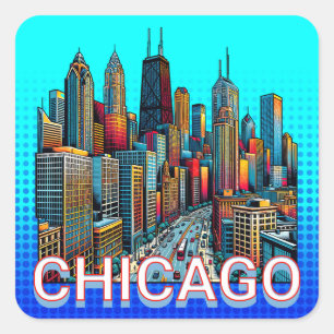 Adesivo Quadrado Pop-art Comic Book Art Chicago Illinois Skyline