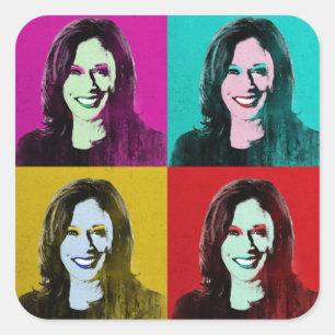 Adesivo Quadrado Pop Art De Kamala Harris (Rosa, Teal, Dourado, Ver