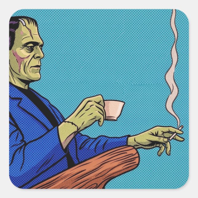 Adesivo Quadrado Pop Art Frankenstein Monster Drinking Tea Halftone (Frente)