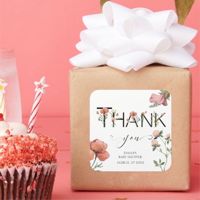 Adesivo Quadrado Poppias de Aquarela Rosa Muito Obrigado (Festa)