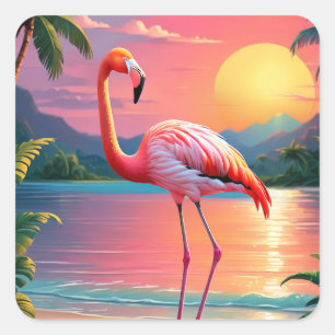 Adesivo Quadrado Pôr do sol do flamingo na praia tropical