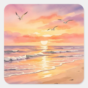 Adesivo Quadrado Pôr do sol na praia com pássaros