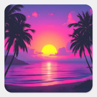Adesivo Quadrado Pôr do Sol Neon na Palma – Estética Tropical Vapor