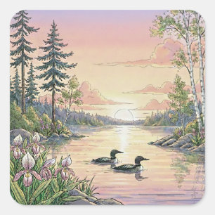 Adesivo Quadrado Pôr do sol no lago de Minnesota com mergulhões, ad