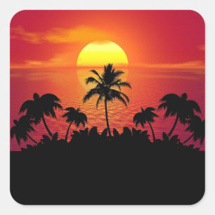 Adesivo Quadrado Pôr do Sol Tropical Palmeiras Silhueta Praia
