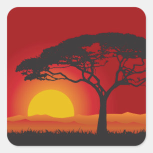 Adesivo Quadrado Por do sol vermelho de Briliiant sob a árvore dos