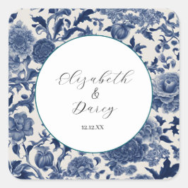 Adesivo Quadrado Porcelain Elegance: Casamento Floral Azul