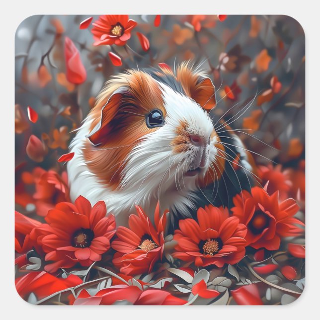 Adesivo Quadrado Porco-guineense entre Flores Vermelhas (Frente)