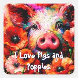 Adesivo Quadrado Porco Impressionista em Flores Vermelhas