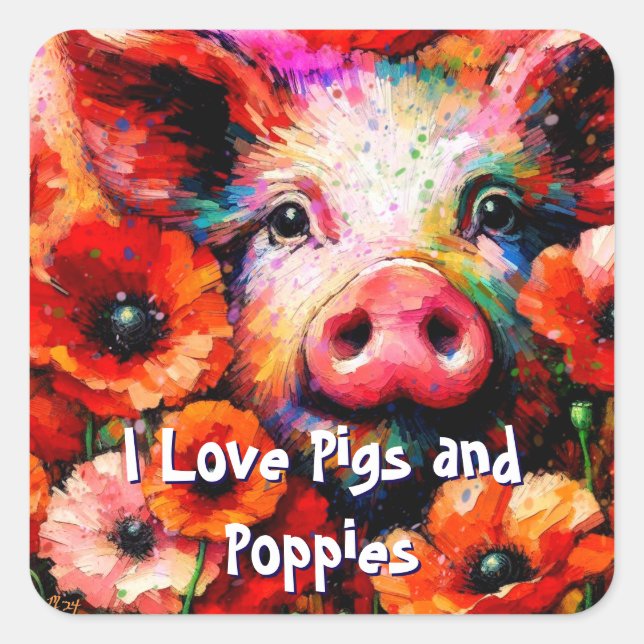 Adesivo Quadrado Porco Impressionista em Flores Vermelhas (Frente)