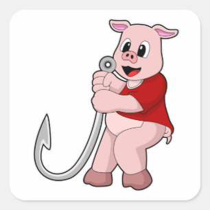 Adesivo Quadrado Porco na pesca com gancho de peixe