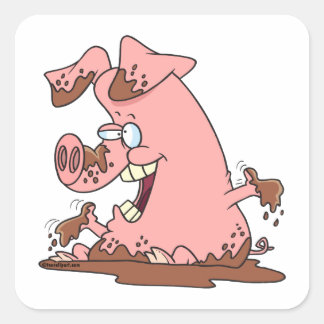 Adesivo Quadrado porco rosa giro e feliz em desenho animado