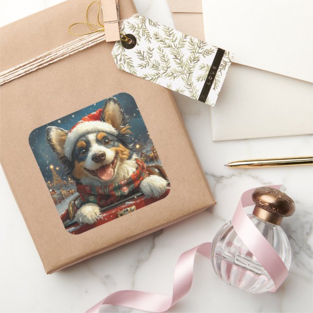 Adesivo Quadrado Porta copos de Cachorro de Cachorro Azul no Natal (Presentear)