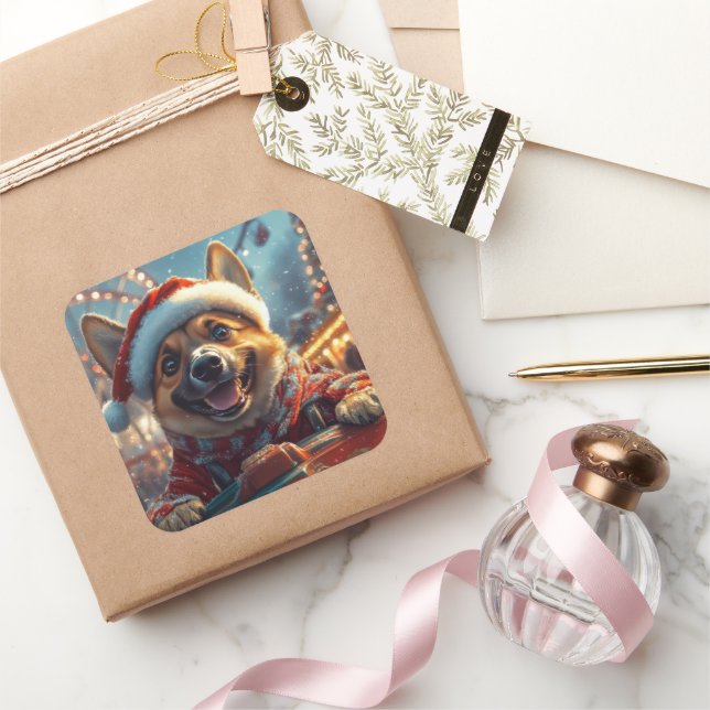 Adesivo Quadrado Porta copos de Cachorro Malinois Belga no Natal (Presentear)