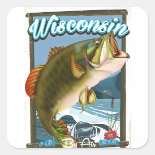 Adesivo Quadrado Poster de pesca do Estado de Wisconsin