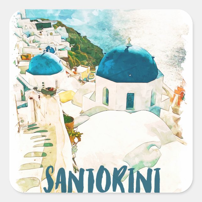 Adesivo Quadrado Poster de Viagem de Grécia de Santorini (Frente)