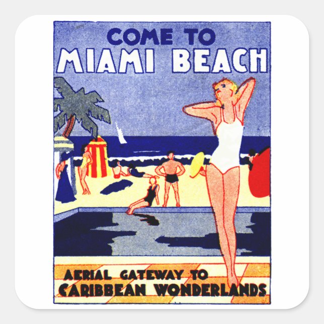 Adesivo Quadrado poster de viagens de Miami Beach de 1925 (Frente)