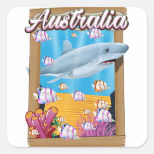 Adesivo Quadrado poster de viagens de tubarão submarino da Austrá