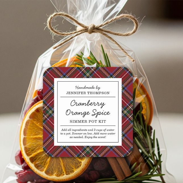 Adesivo Quadrado Pote Classic Red Tartan Holiday Simmer (Criador carregado)