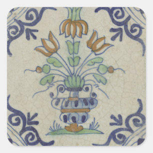 Adesivo Quadrado Pote De Flor Antiquado Com Azulejo Delft