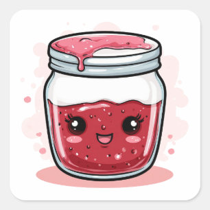 Adesivo Quadrado Pote de Geléia de Frutas Vermelhas de Desenho Anim