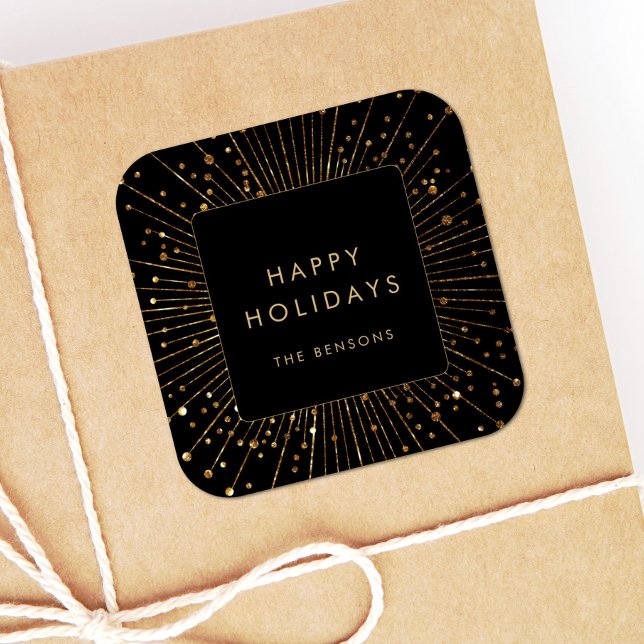 Adesivo Quadrado Praça de Feriados Felizes do Sunburst, Glitter Dou (Criador carregado)