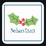 Adesivo Quadrado Praça de Natal Personalizada Holly & Berries<br><div class="desc">Estes doces sagrados e bagas são impressos de uma colagem projetada por Helen McCartney Designs.</div>