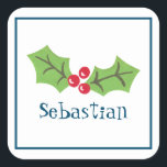 Adesivo Quadrado Praça de Natal Personalizada Holly & Berries<br><div class="desc">Estes doces sagrados e bagas são impressos de uma colagem projetada por Helen McCartney Designs.</div>
