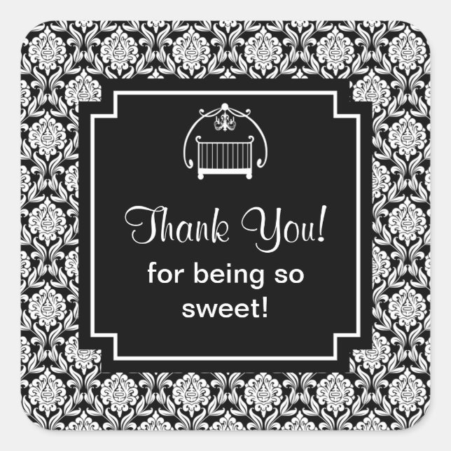 Adesivo Quadrado Praça do Chá de fraldas do Cribo do Damasco Preto  (Frente)