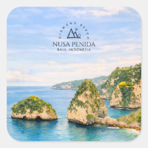 Adesivo Quadrado Praia de Diamante Bali Aquarela Mar Turquesa