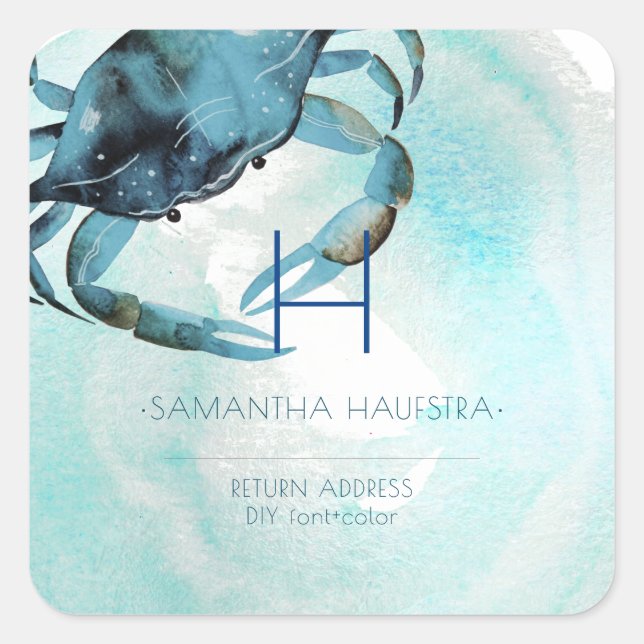 Adesivo Quadrado Praia do Monograma do Caranguejo Azul PixDezines (Frente)