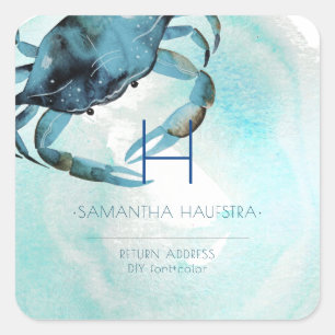 Adesivo Quadrado Praia do Monograma do Caranguejo Azul PixDezines