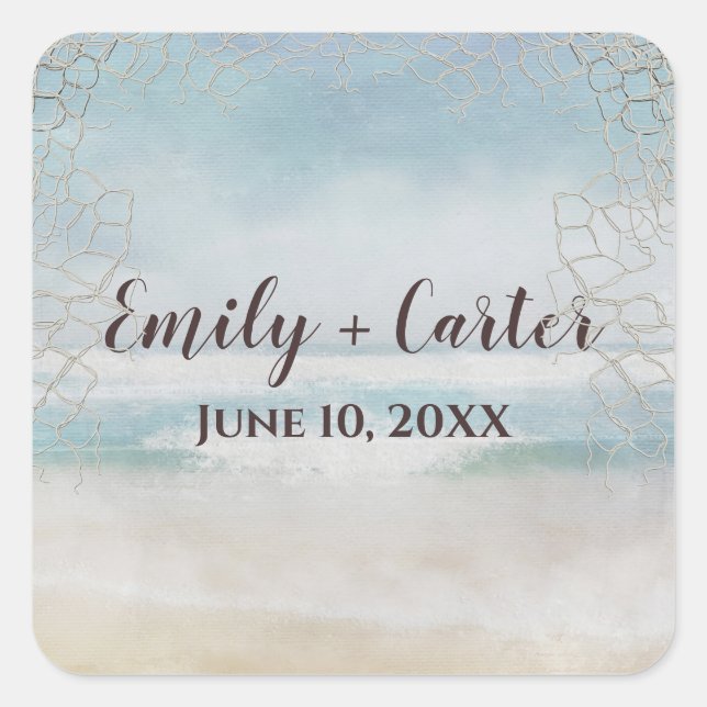 Adesivo Quadrado Praia do Oceano de Casamento com Rede (Frente)