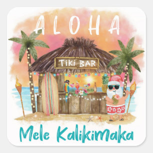 Adesivo Quadrado Praia Tiki Pôr do Sol Tropical Mele Kalikimaka Pap