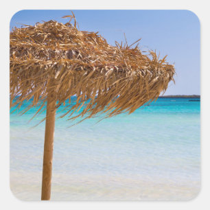 Adesivo Quadrado Praia Tropical Cênica com Guarda-Sol de Palha
