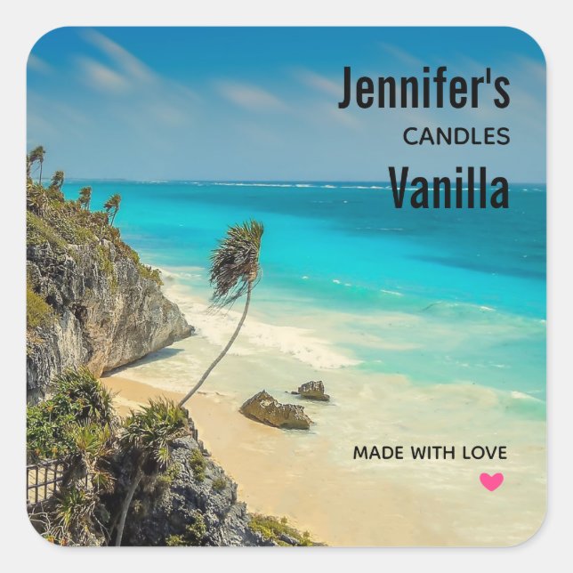 Adesivo Quadrado Praia Tropical com Palmas Vedadas Vento - Biz de V (Frente)