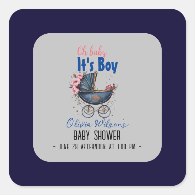 Adesivo Quadrado Pram de aquarela vítrea é chá de fraldas2 (Frente)