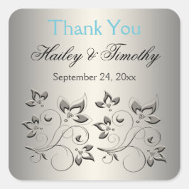 Adesivo Quadrado Prata, Aqua, Floral Preta, Obrigado Sticker