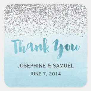 Adesivo Quadrado Prata e Azul, obrigado, palitos