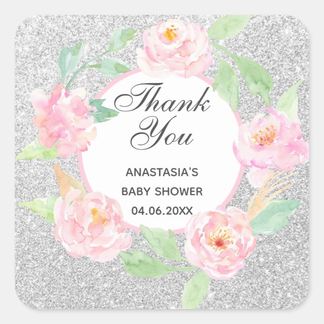 Adesivo Quadrado Prata e Fita Floral Rosa Obrigado Chá de fraldas (Frente)