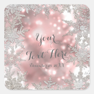 Adesivo Quadrado Prata Rosa Inverno Wonderland Snowflake Favor
