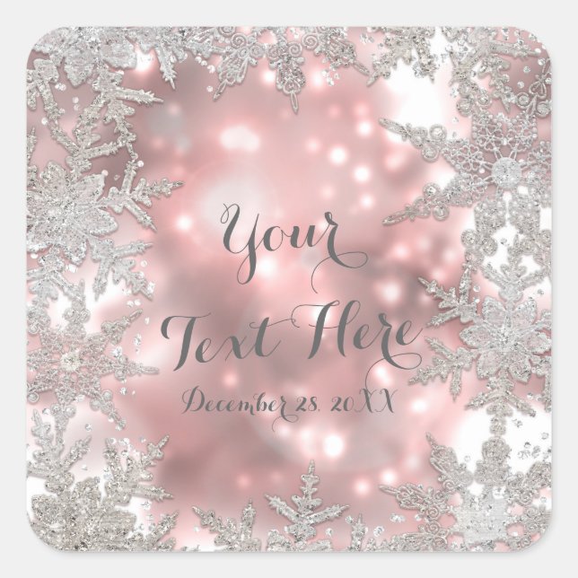 Adesivo Quadrado Prata Rosa Inverno Wonderland Snowflake Favor (Frente)
